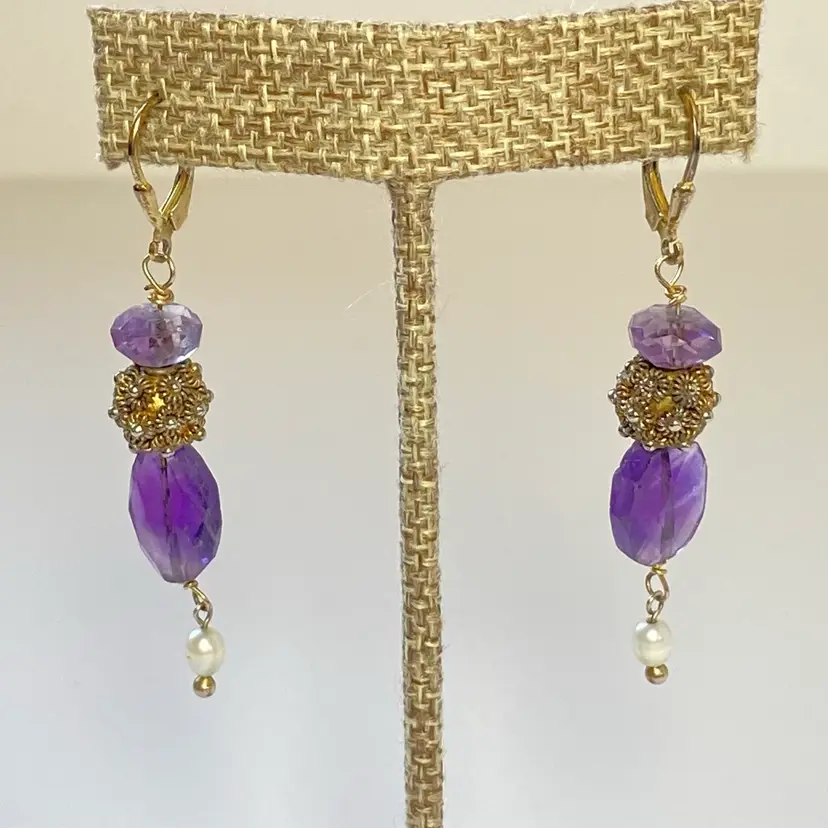 Purple Amethyst Faceted Rondelle & Oval Pearl 925 Silver Finding Dangle Earrings