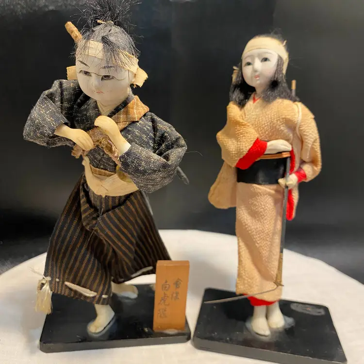 Pair of Vintage 1950's Sumurai and Peasant Girl Japanese Dolls