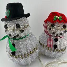 Grandma & Grandpa Snowmen Safety Pin and Beaded Art.  With Lights & Works!