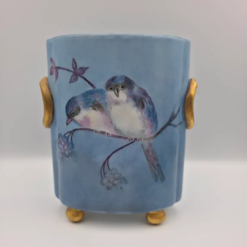 H&Co. Selb Bavaria Porcelain Footed Cache Pot/Vase Hand Painted Blue Birds and Trimmed in Gold