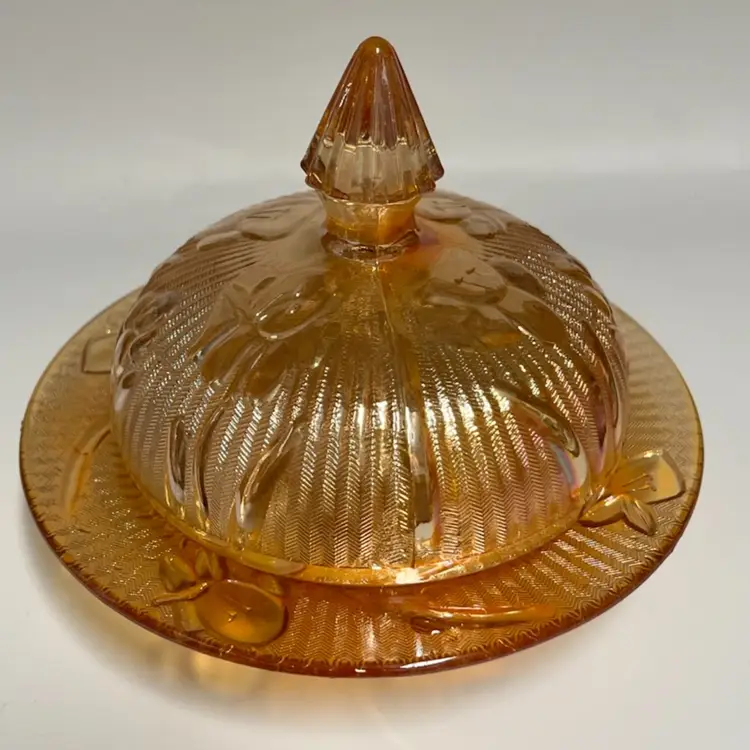 Jeanette Glass- Iris & Herringbone- Marigold Carnival Glass- Covered Butter Dish- Round- 4” H, 5 7/8” W