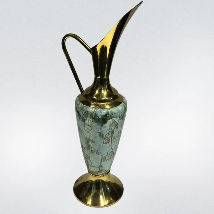 Mid-Century Modern Dutch Brass & Beautiful Ceramic Ewer Vase – Marked Holland – 11” 😍