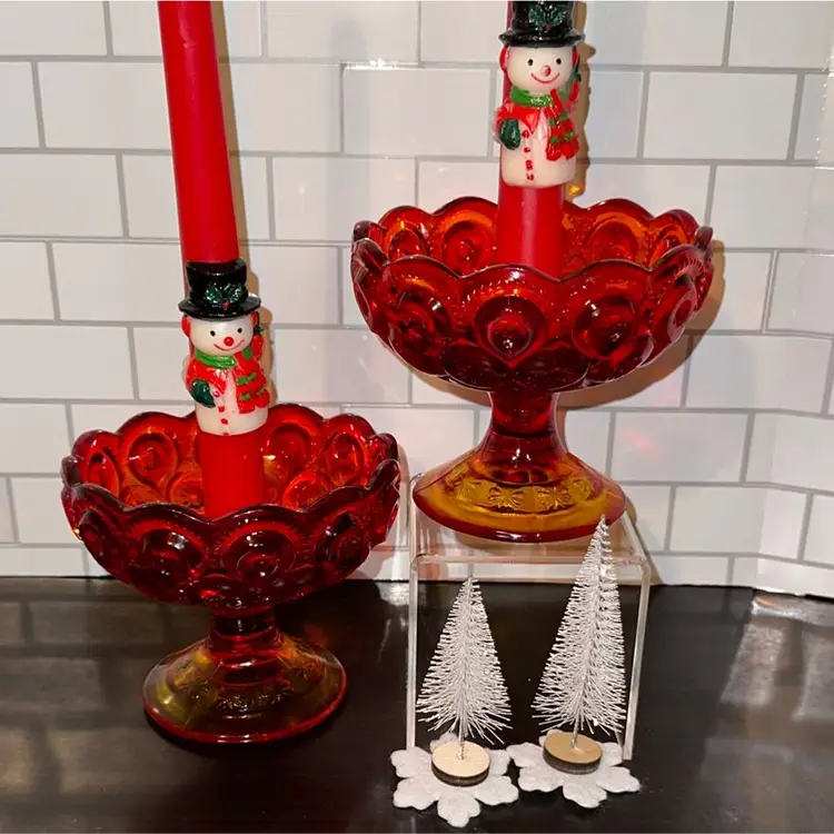 Pair of Smith Glass Moon and Star Amberina Candlestick Holders *Cadmium Glow*