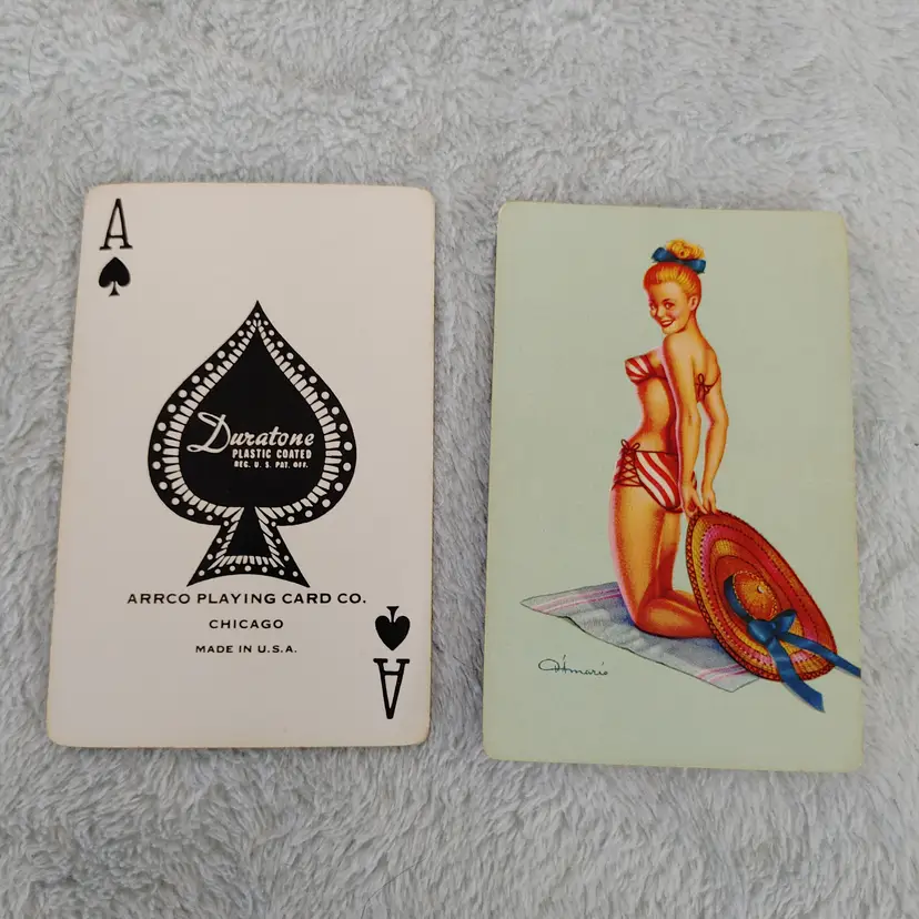 1 Single Swap Card - Playing Card. Pin up Girl in bikini. Artist Frank D'Amario. 1955. Ace of Spades.  Made by Arrco Playing Card Co in Chicago. Dimension 2.5 x 3.5. Read description.