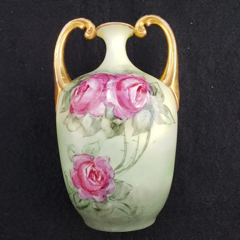 Porcelain Vase Bavaria Hand Painted with Handles Signed T. Wagner 7¾" Tall READ