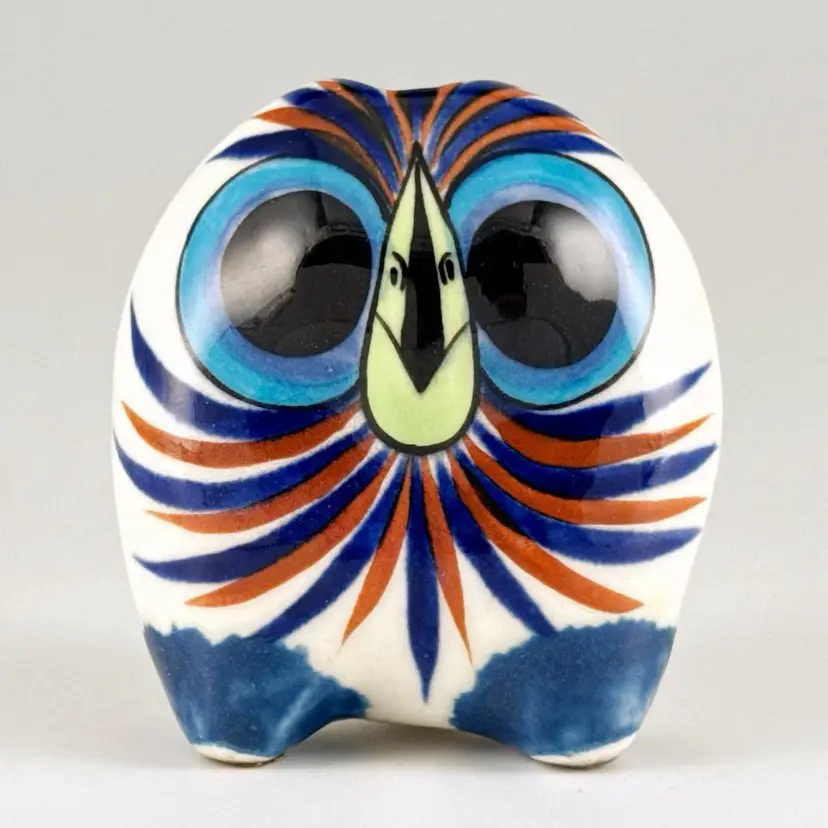 Ken Edwards Guate Mayan Owl Figurine, Hand-Painted Tonala Pottery, Vintage Handmade in Guatemala
