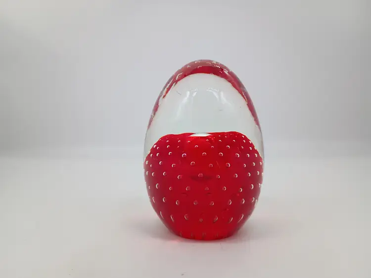 Large Murano Art Glass Paperweight Controlled Bubble Red and Clear Egg Shaped 4"