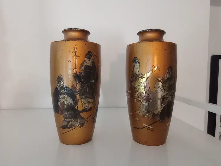Pair of Gilt Bronze Japanese Vases with immortal figures, signed