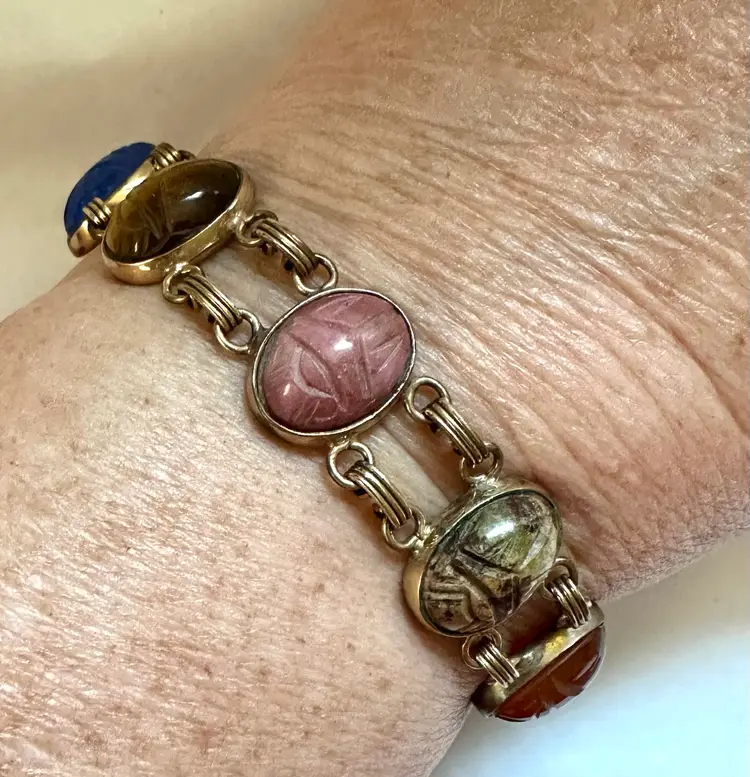1960’s Scarab Bracelet 12k GF Semi Precious Carved Stones Double Link