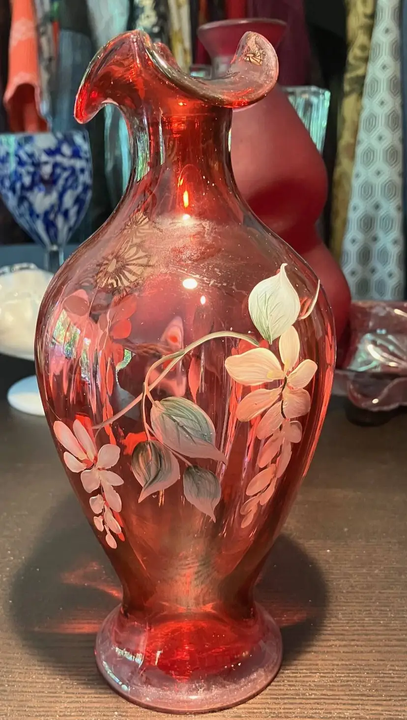 VTG Fenton Cranberry Glass Vase with Hand-Painted White Enamel Flowers M Reynolds