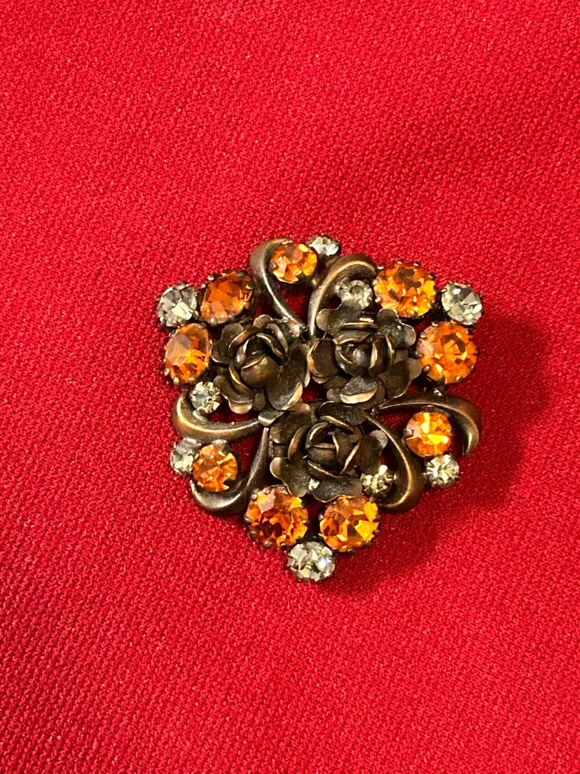 Vtg Orange & Clear Rhinestone Rose Brooch Made In Austria J353