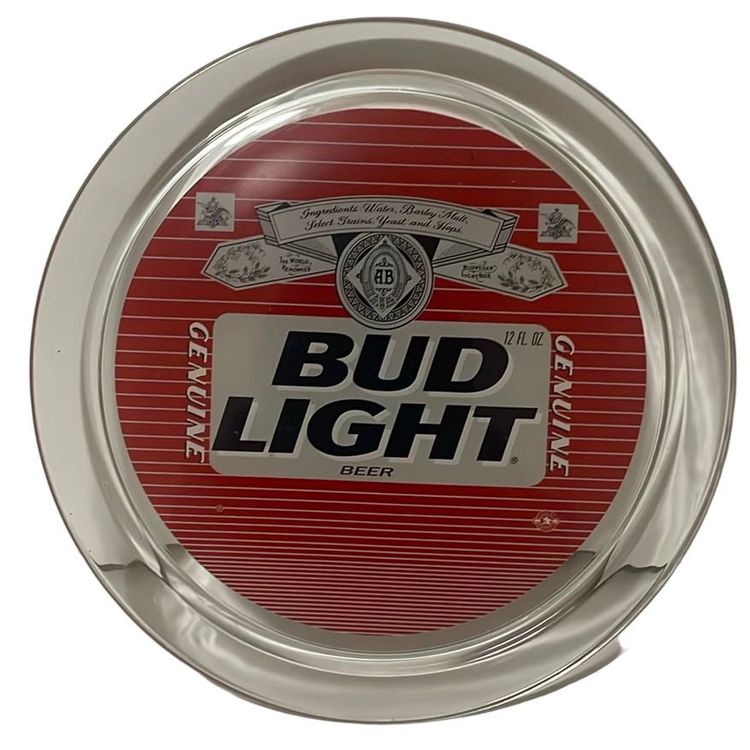 Vintage, By Indiana Glass, Genuine, Bud light, 13" Round, 1" Tall, Glass, Kitchen, Bar, Serving Tray, Advertisement,