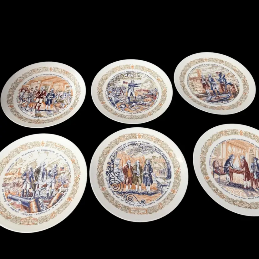 Set of six D'Arceau-Limoges porcelain plates depicting the Marquis de Lafayette. 8.5”