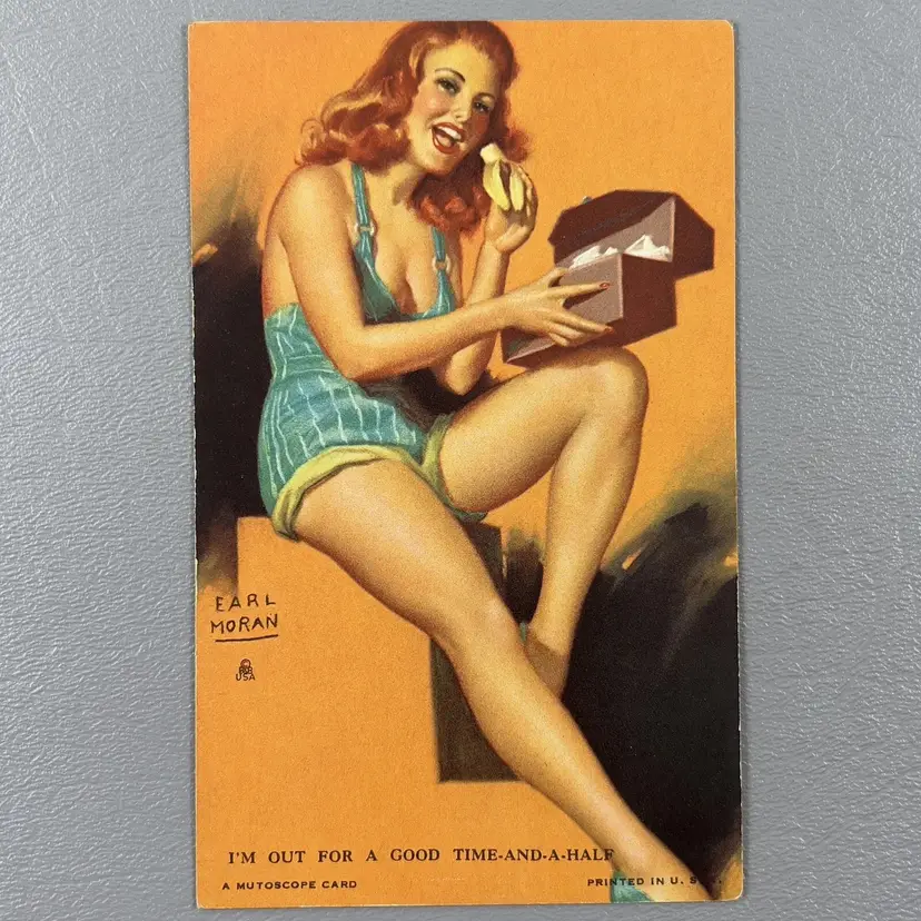 Vintage Earl Moran Mutoscope Pin Up Card Red Head Swimsuit Good Time And A Half