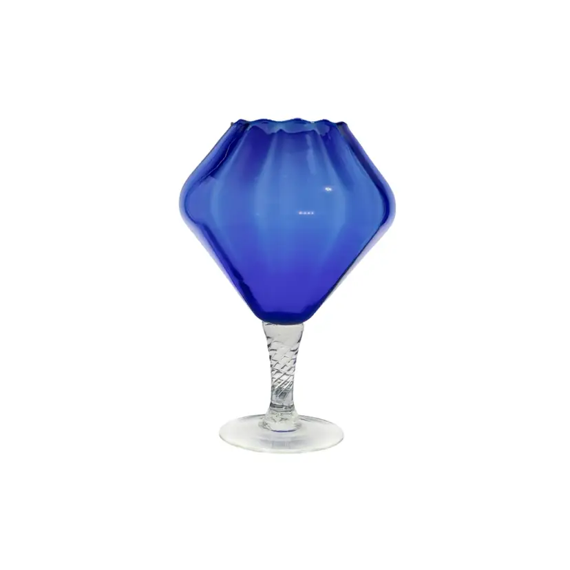 Art Glass Vase 7” Cobalt Optic Twist Stem Ruffled Trim