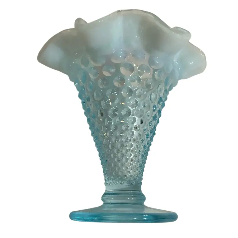 Vintage Fenton Hobnail Vase 1950's Two Tone Blue Opalescent And Dewdrop Ruffled Edge Approximately 3.75" Tall