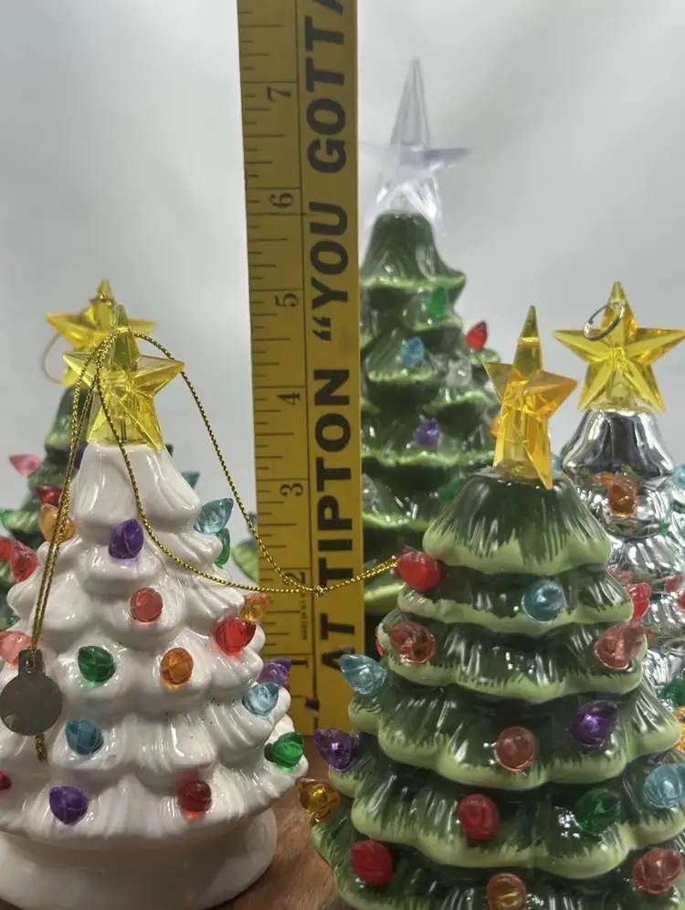 Mini Nostalgic Ceramic Christmas Trees Green, White, Silver Lot Of 5