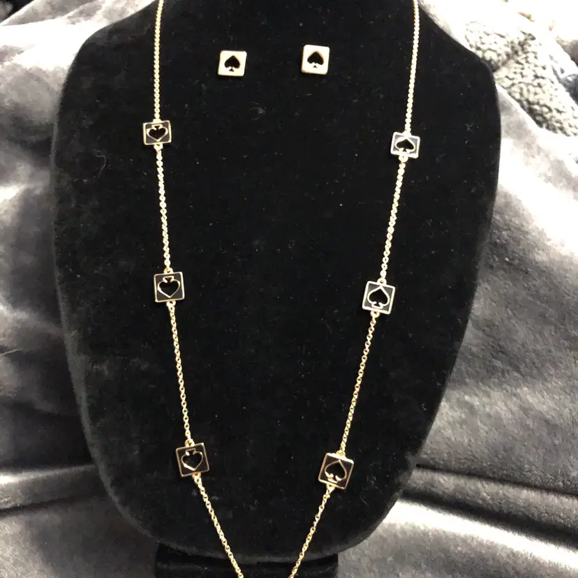 Kate Spade Gold-Tone Chain Necklace Black Enamel Cards & Earrings
