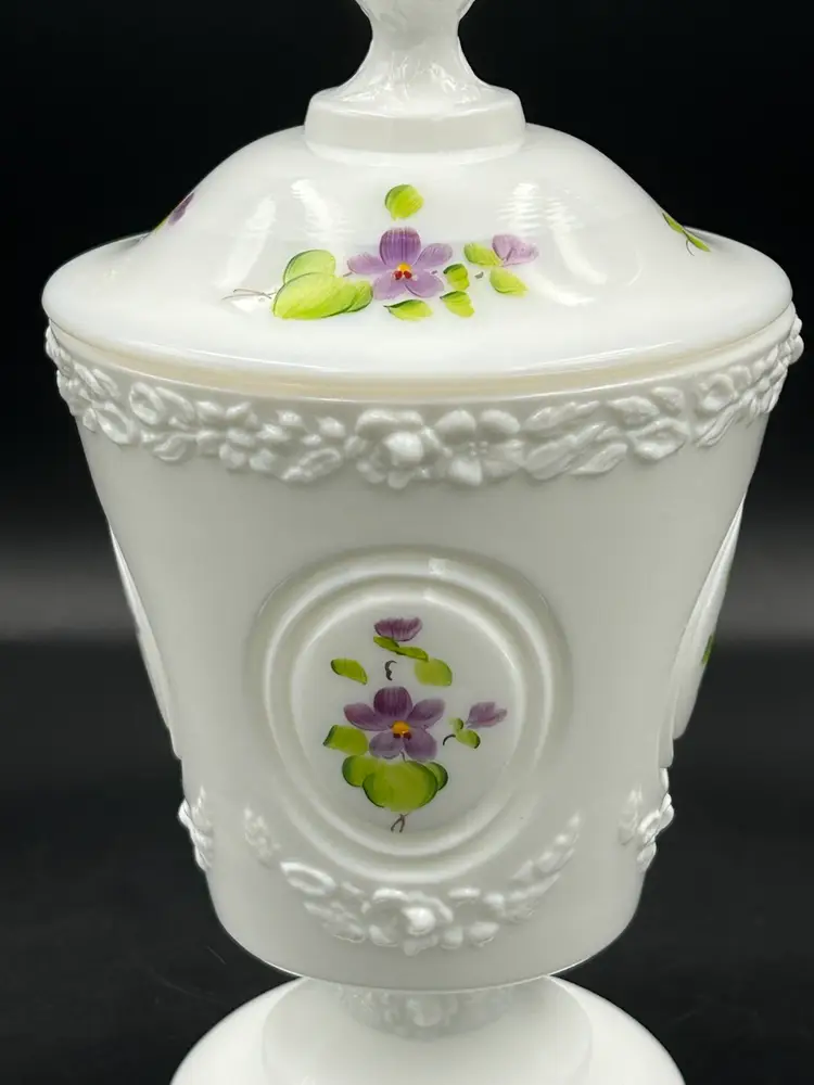 Vintage Fenton, Milk Glass Lidded Candy Dish, Hand Painted Violets By Charlotte Smith