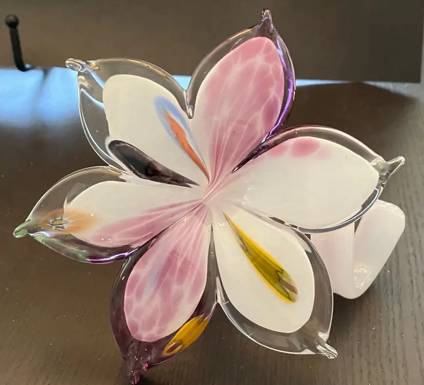 Art Glass Purple White Swirl 6 Petal Flower Curly Stem