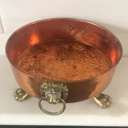 Vintage Hammered Copper Planter/ Dish Footed Brass Lion Head