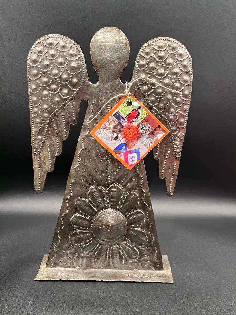 Haitian Silver Tone Drum Metal Hammered Angel Figurine 11.75” 👼