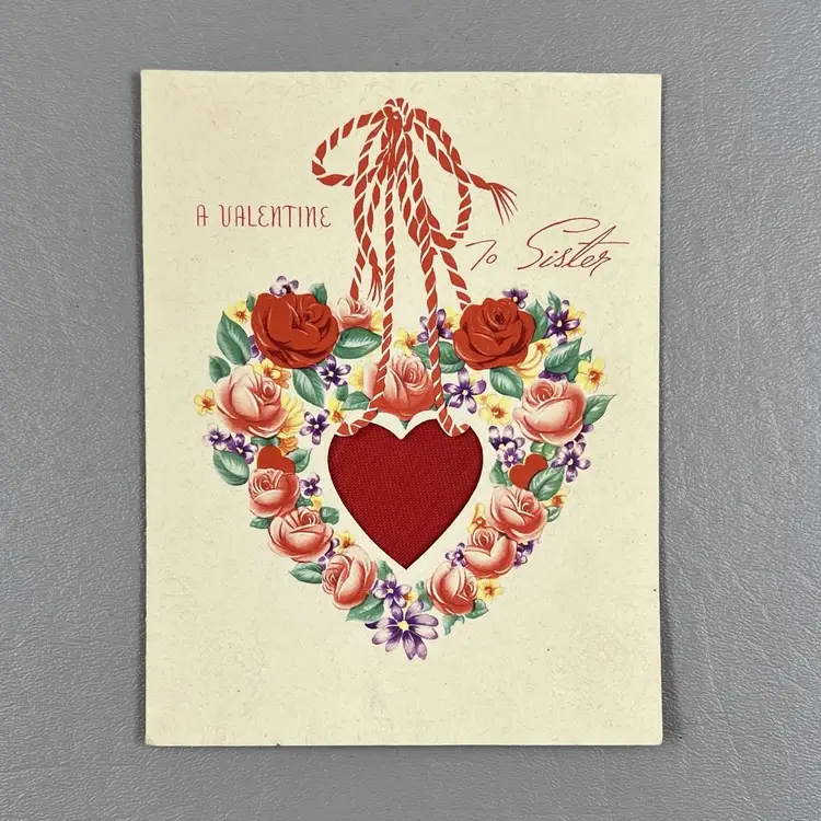 Vintage GB Valentine Greeting Card Heart Roses To Sister USA