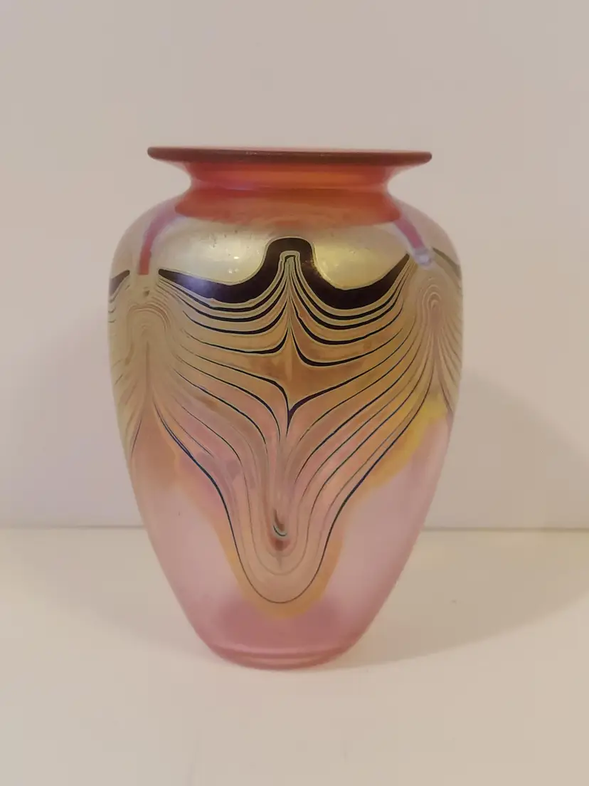 Marc S. Boutté Handmade Pink Art Glass Pulled Feather Vase