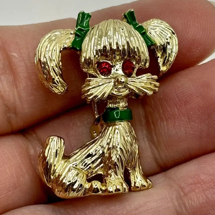 Vintage Gerry's Dog/Puppy In Pigtails Gold Tone Brooch Pin