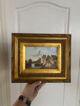 Vintage Gold Gilt Wood Framed European Canal Painting On Board