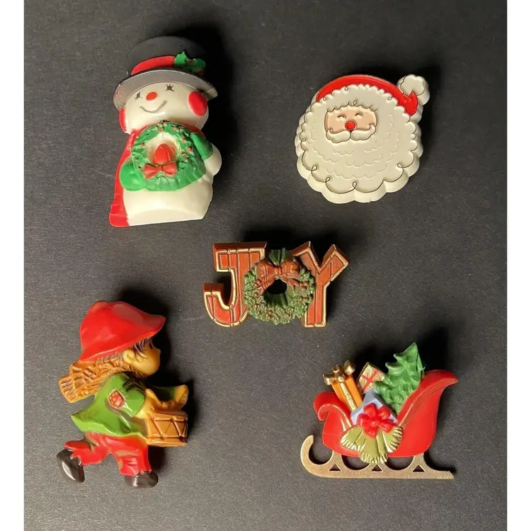 HALLMARK CHRISTMAS BROOCH Pin Santa Joy Snowman Sleigh Drum Holiday VTG LOT of 5 Jewelry
