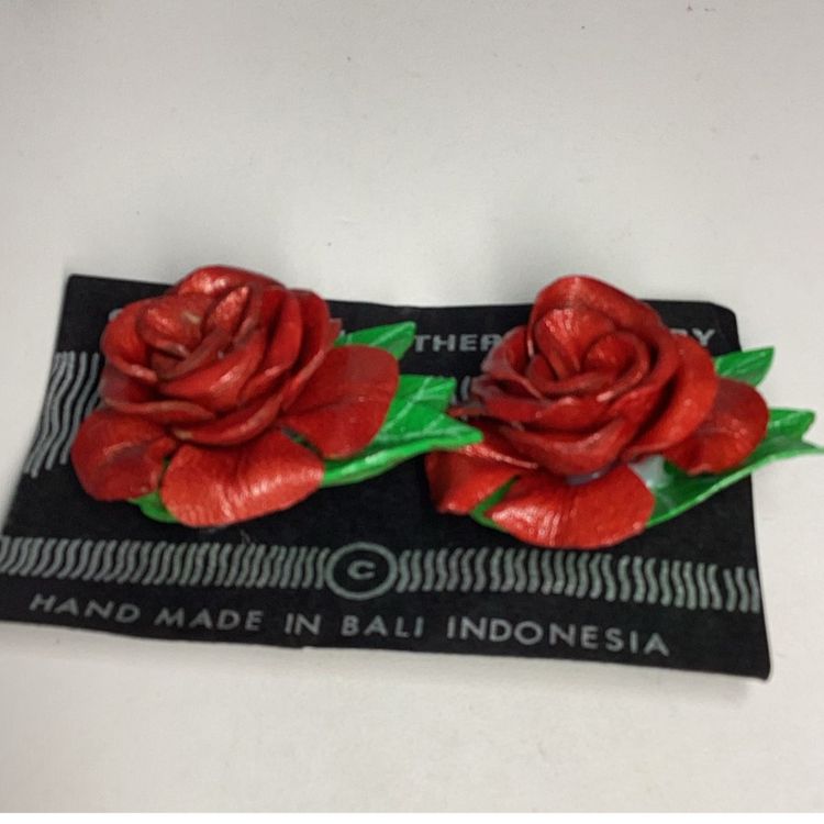 Red Rose Leather Pierced Earrings 1.5”’ NOS