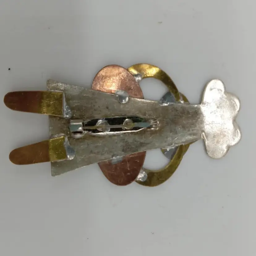 Mixed metal brooch, cat chef, fish plate, pin, copper, silver gold