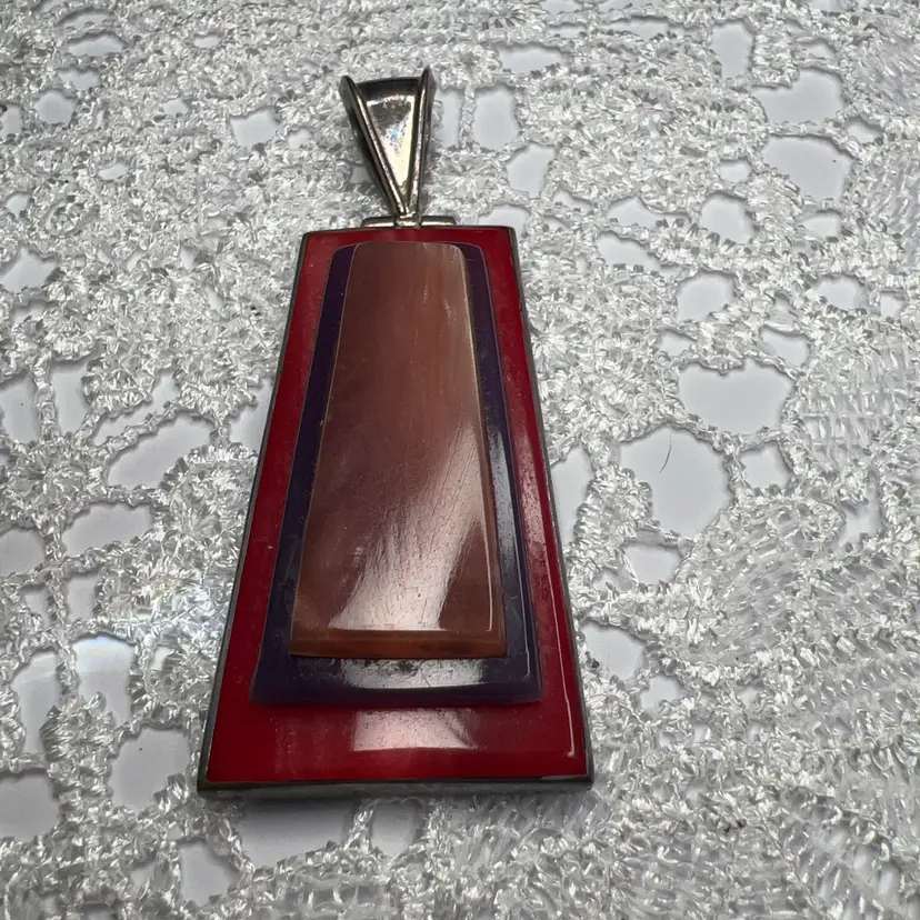 Tri-Color Quartz Red, Purple, Pink Layered Pendant On Sterling Silver 2” Pendant With .5” Bale , Mexico 925