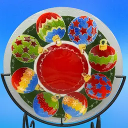 Peggy Karr Christmas Platter Ornaments 11"  Fused Art Glass Signed Stand Not Included