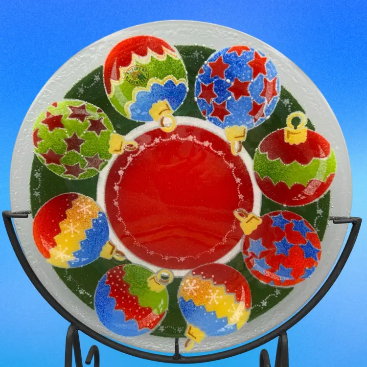 Peggy Karr Christmas Platter Ornaments 11"  Fused Art Glass Signed Stand Not Included