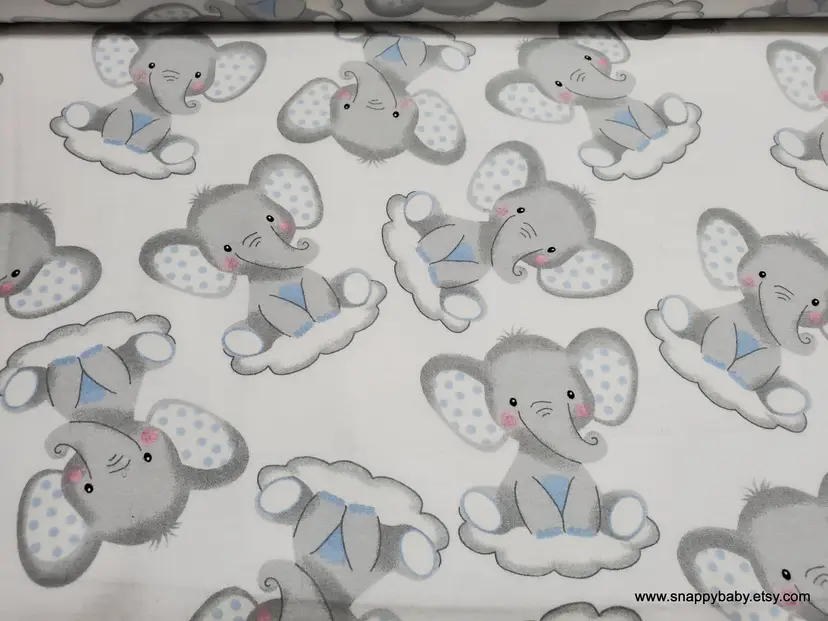 Sleepy Elephants on Clouds Flannel Fabric Remnant - 100% Cotton - Choose Size - Soft Craft & Quilting Fabric