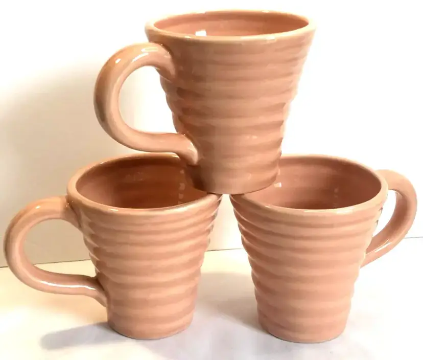 3 Vintage 4" Pot Luck Flirt Pottery Coffee Mugs Cups Beehive Pink Ribbed Retro