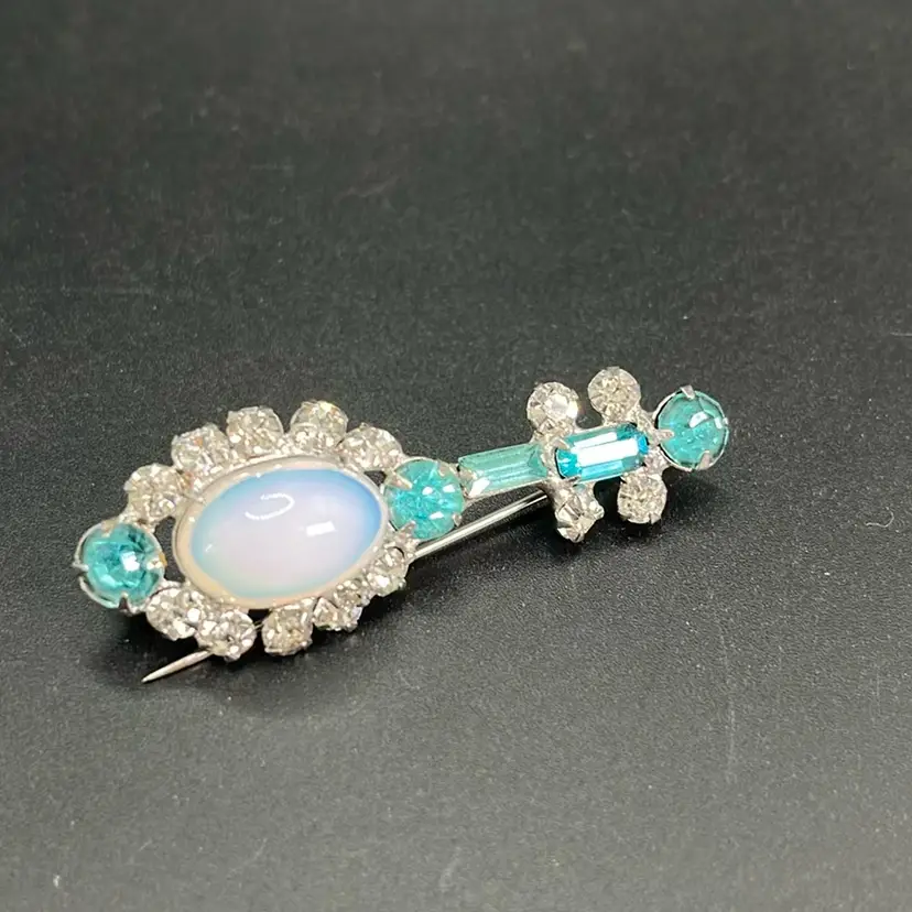 Vintage Mandolin Brooch, Clear & Aqua Rhinestone 2 1/2” Long