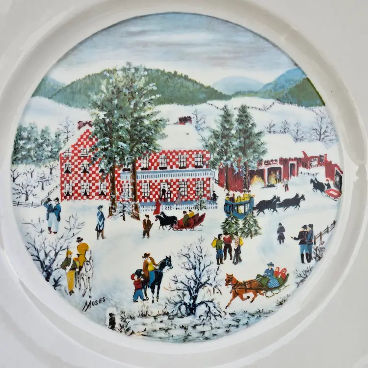 Grandma Moses Plate Syracuse China 12⅛” Diameter USA "The Old Checkard House in Winter"
