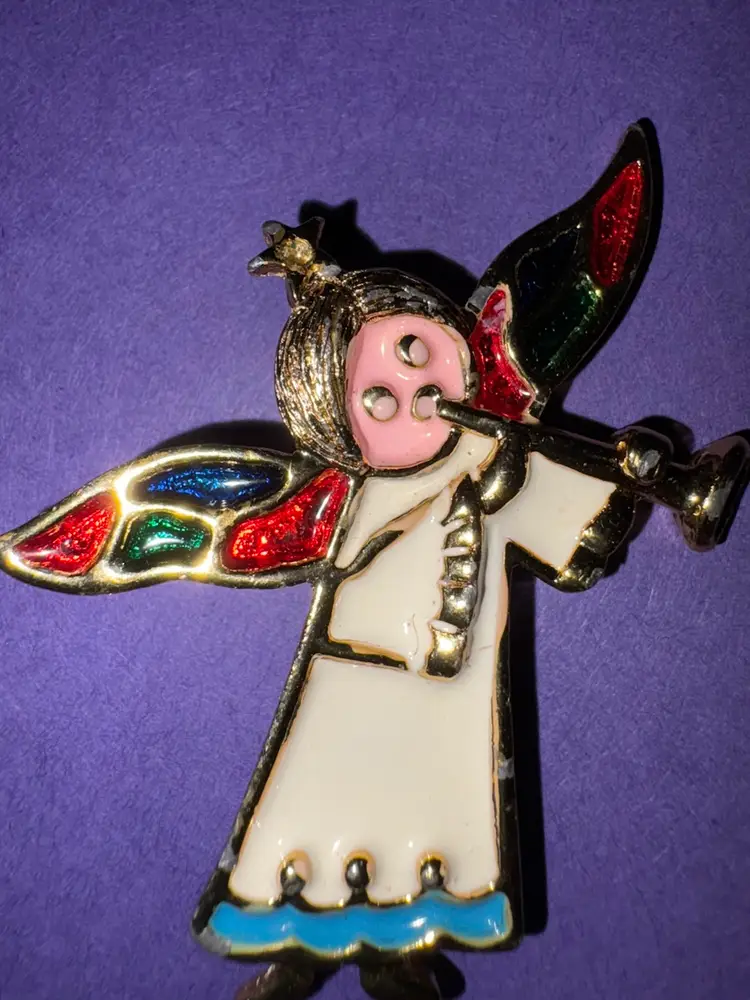 Vintage Signed B.J. Christmas Angel Brooch ~ Gold Tone ~ White Enamel Robe With Blue Trim And Multi-Colored Enameled Wings ~ She’s Playing A Horn