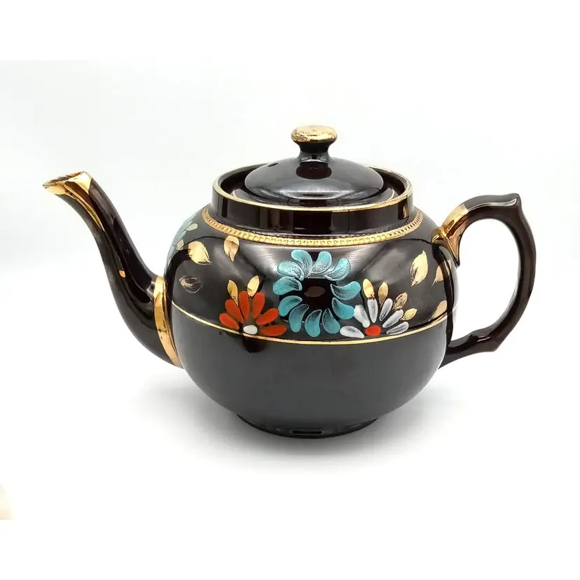 Vintage Made in England Teapot, Black with Gold Trim Hand Painted Flowers