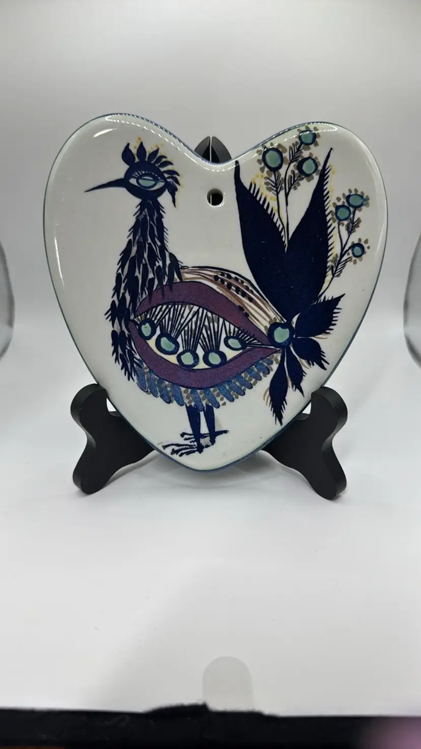 Royal Copenhagen Fajance Peacock Heart Shaped Tile Trivet 530/3327 Denmark