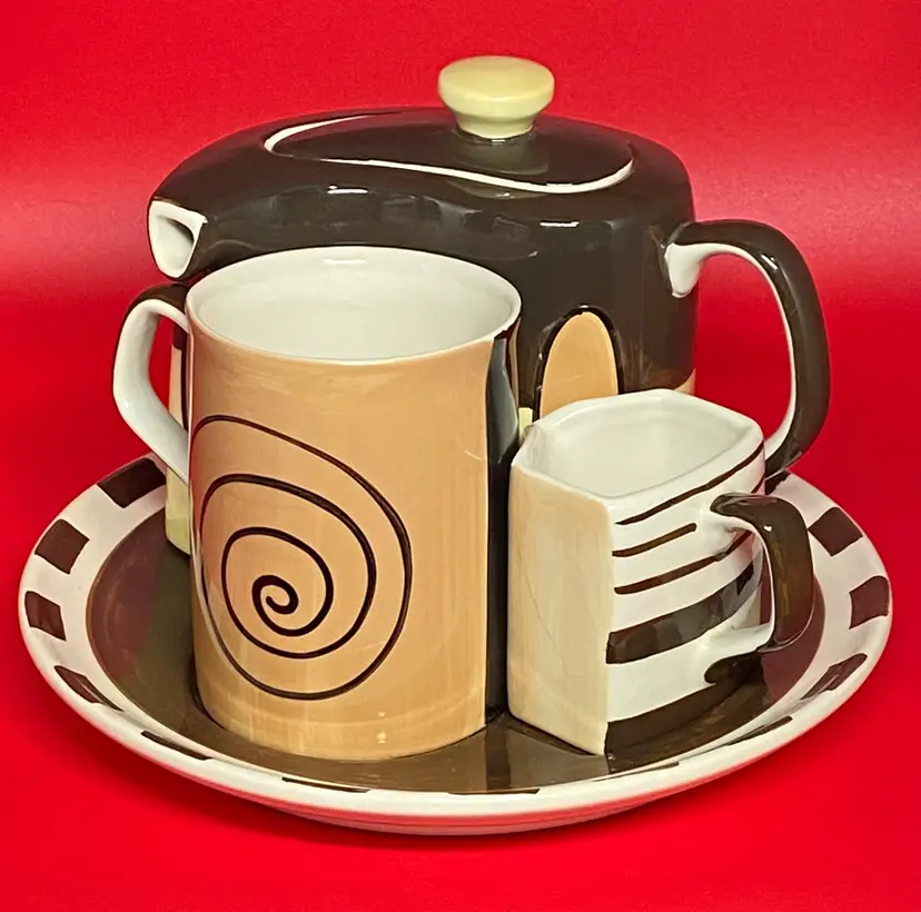 Retro Tea or Coffee Set Creamer Mug Pot Platter (See DESCRIPTION)