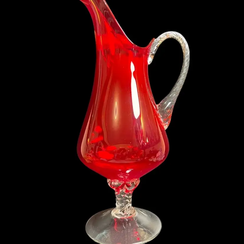 #01 Empoli Ruby Red Art Glass Pitcher or Ewer w/ Classic Clear Rope Twisted Handle and Column on Pedestal or Base-Lot 61