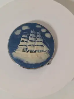 Vintage Incolay Stone Belt Buckle Cameo Sailing Ship Schooner Ocean Blue White