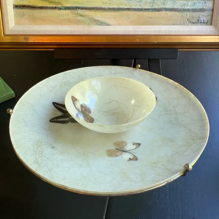 Vintage MCM Kimball Vesta Serving Tray Fiberglass Metal Butterflies Design 12” & 6”