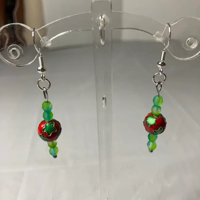 2” Drop Sterling Silver 925 Stamped Fish Hook Dangle Earrings With Enamel Red And Green Stars Center Beads! Made By Me!