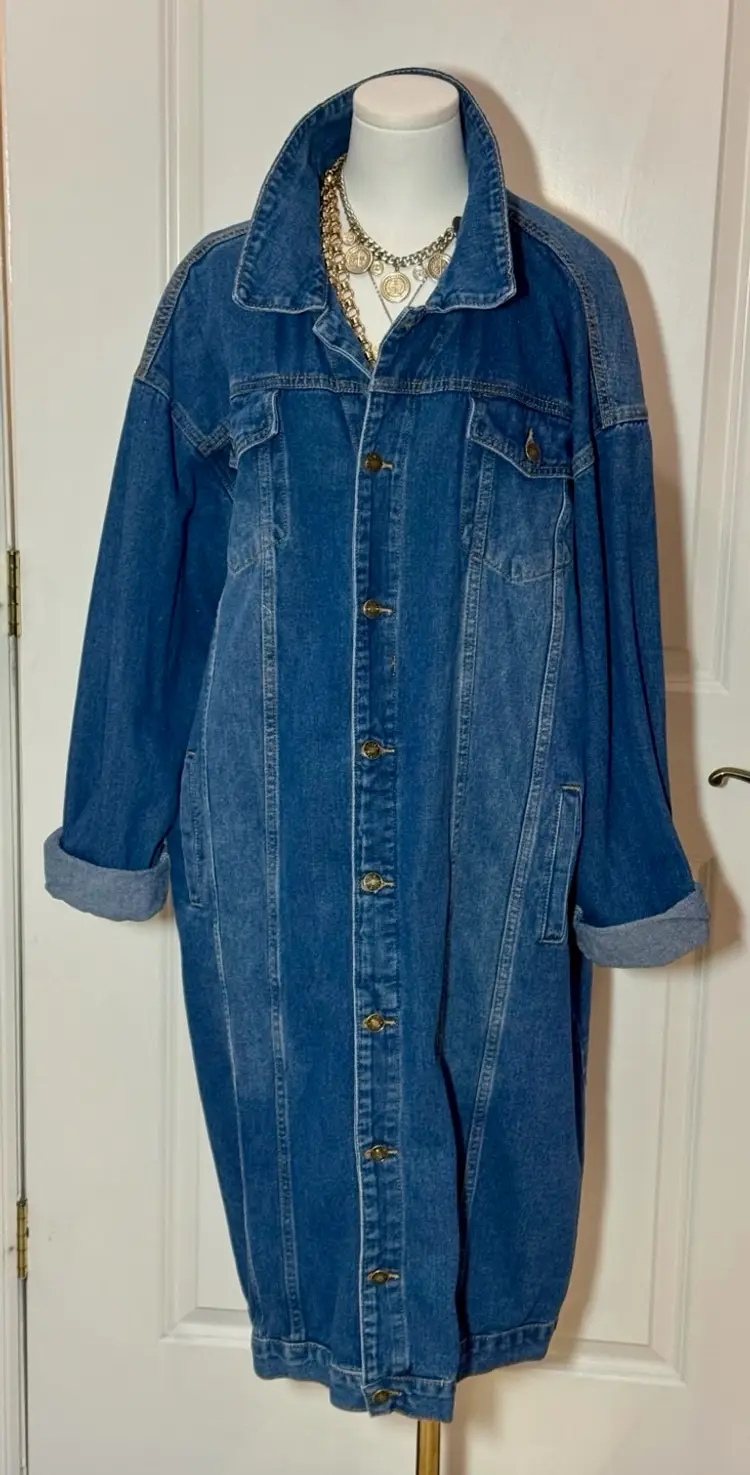 006.  Coat Duster Long Denim Jacket Heavy Super Cool Tagged 3XL But Fits Smaller Sizes