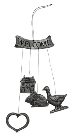 Silver Tone Metal Wind Chime Hanging Duck Rabbit House Welcome Heart Cottagecore
